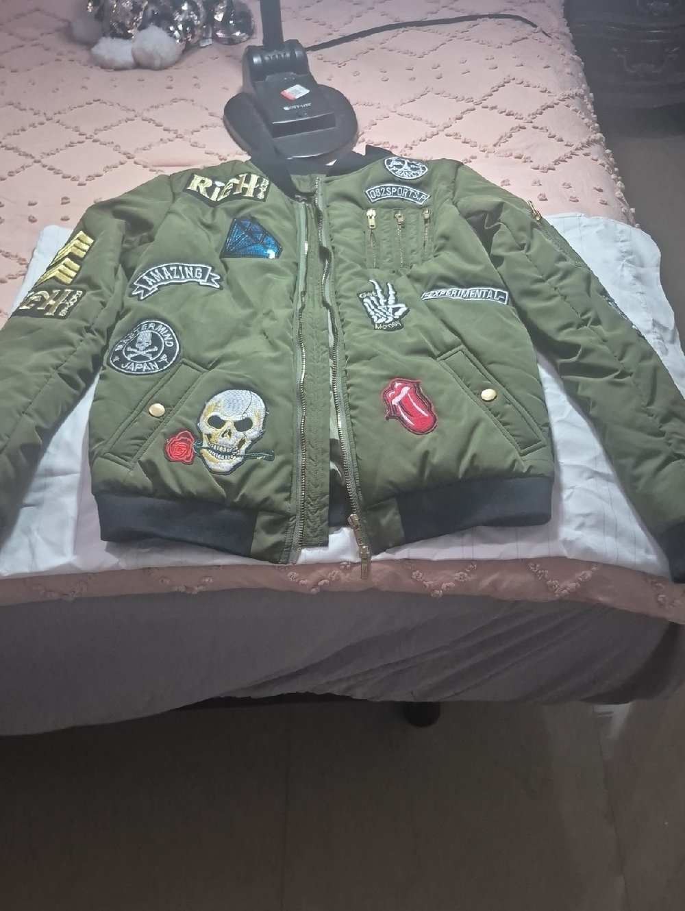 Kids Olive Green Patchwork Bomber Jacket